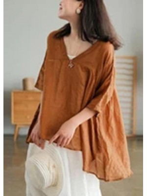 Women Orange Ramie Lace-up Pure Color Irregular Casual T-shirt