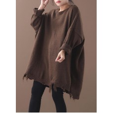 Cozy khaki box top Loose fitting Batwing Sleeve sweaters hem Hole