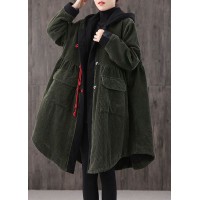 Women Tea Green hooded Button Pockets Patchwork Winter Cotton Parka Long sleeve Coat