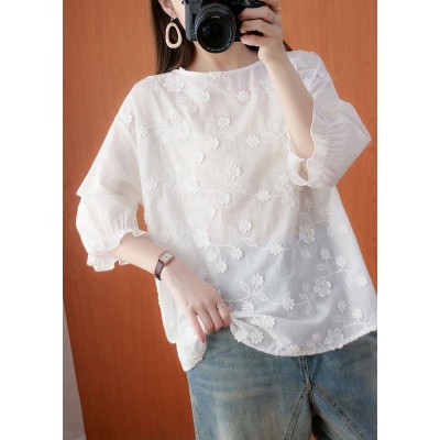 Plus Size White Jacquard Half Sleeve Cotton Blouse Top Summer