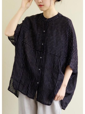 Modern Black Button Striped Tops Half Sleeve