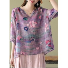 Fashion Purple Casual retro Print Fall Half Sleeve Shirt Top