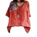 Bohemian Red V Neck Loose Pockets Fall Shirt Tops Half Sleeve