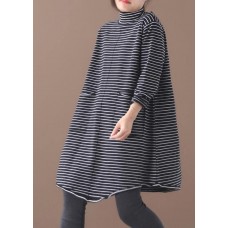 Pullover blue striped knitwear oversize high neck asymmetric knit tops