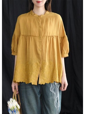 Women Loose Chic Cotton Tunic Boutique Embroidery Summer Vintage Shirt