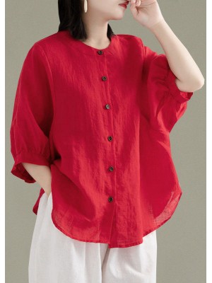 Art Red O-Neck Button Linen Loose Shirt Top Lantern Sleeve