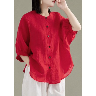 Art Red O-Neck Button Linen Loose Shirt Top Lantern Sleeve