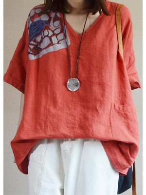 Bohemian Red V Neck Loose Pockets Fall Shirt Tops Half Sleeve