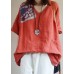 Bohemian Red V Neck Loose Pockets Fall Shirt Tops Half Sleeve