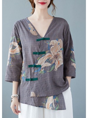 Style Grey V Neck Print Blouses Half Sleeve