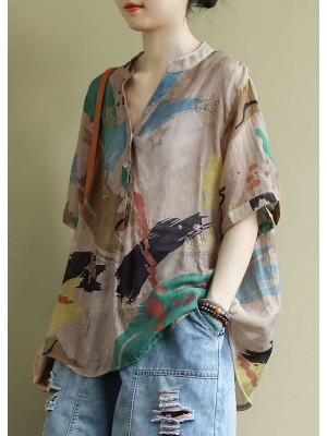 Bohemian V Neck Print Button Shirt Tops Half Sleeve