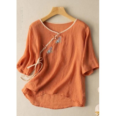 Women Orange V Neck tie waist Embroideried Linen Shirt Top Spring