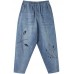 Unique Spring Trousers Casual Denim Blue Wardrobes Elastic Waist Leaf Pant