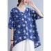 French Blue V Neck Print asymmetrical design Fall Half Sleeve Shirt Top