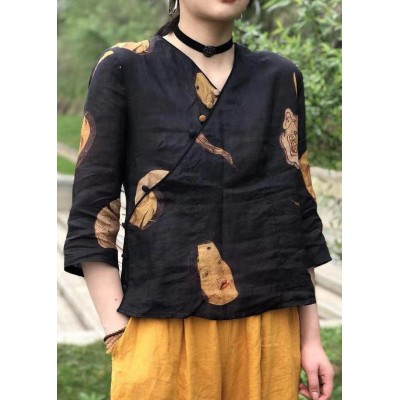 Casual Black Button Print Linen Shirt Top Half Sleeve