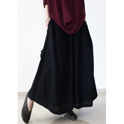 black retro drawstring folds gradient loose large size wide leg pants thick cotton linen skirt pants